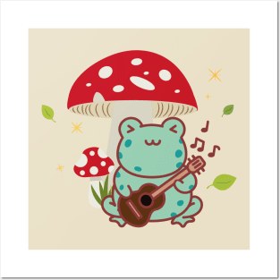 Cute Cottagecore Frog Playing the Guitar Mushroom Posters and Art